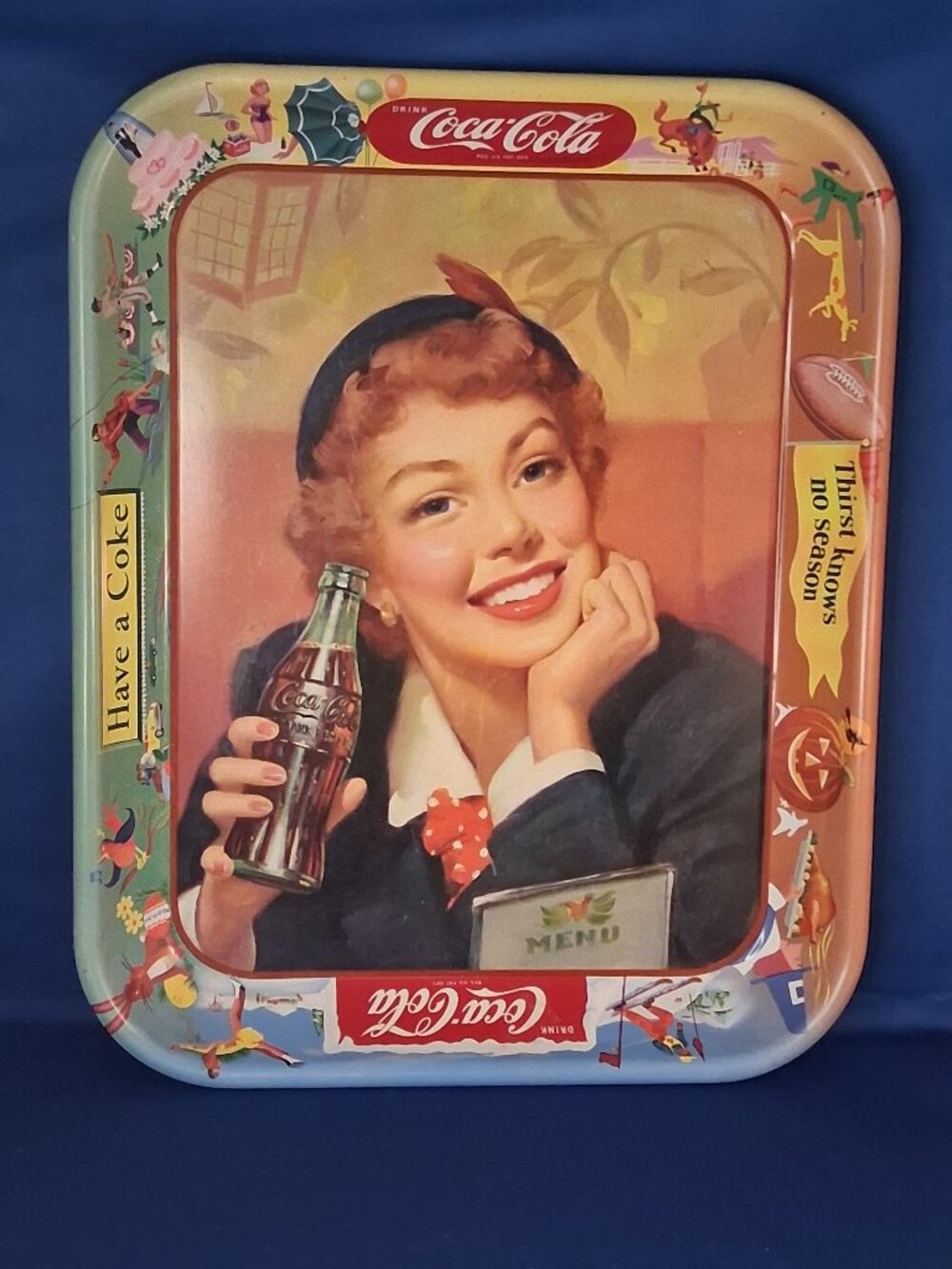 Vintage 1953 Coca-Cola Menu Girl Metal Serving Tray Thirst Knows No Season - Picture 11 of 11